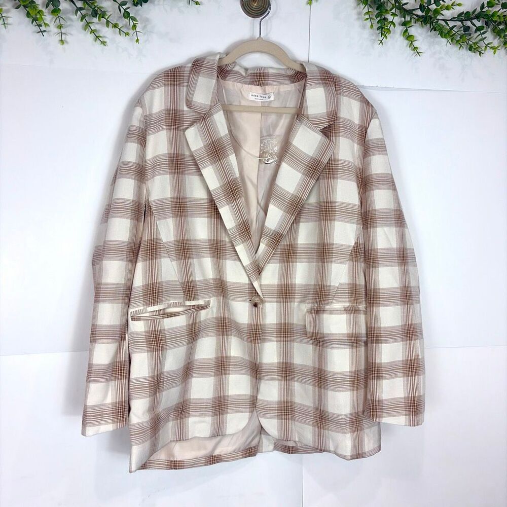 Miss Love Blazer Womens Medium Cream Brown tan Plaid One-Button Oversized Jacket